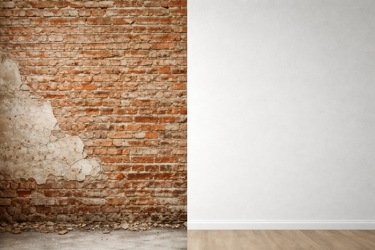 sanierungsarbeiten ziegelwand und fertig sanierte wand vergleich